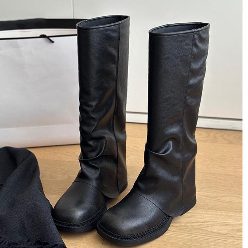 Thick-soled but knee-length boots women's autumn and winter new retro pleated stacked pants tube boots slim tall knight boots