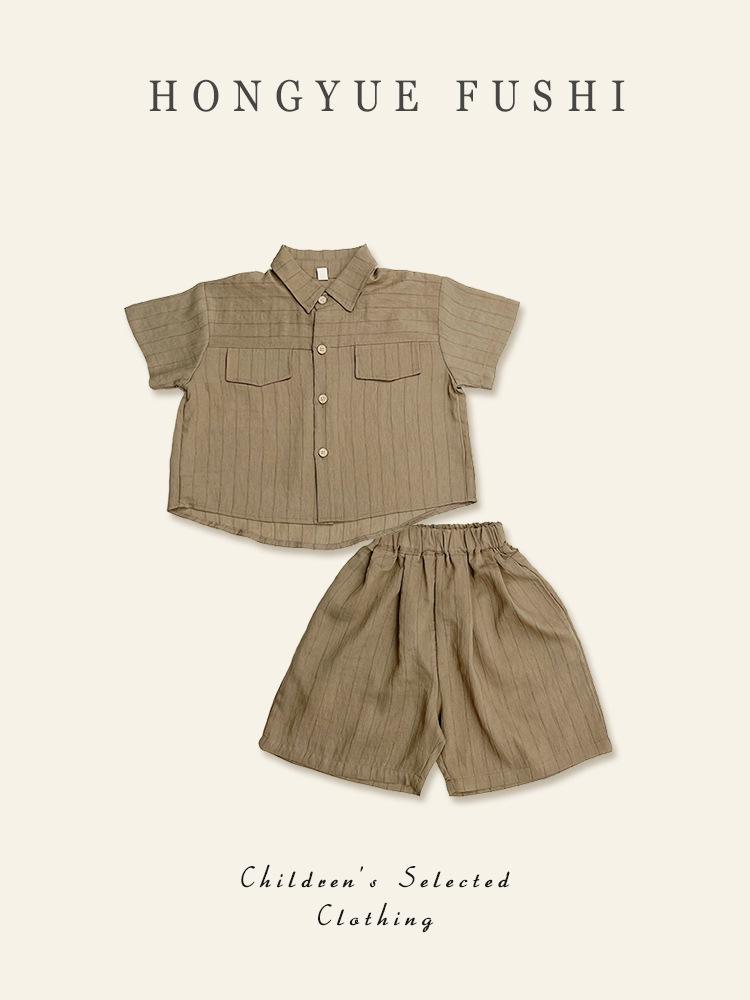 Baby Jungen Baumwoll-Leinen Gestreiftes Hemd & Shorts Set - Kurzarm Sommer Outfit