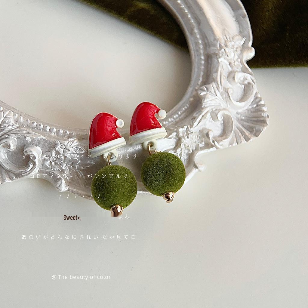 Festive Green Pompon & Red Hat Earrings for Women - Creative Holiday Design