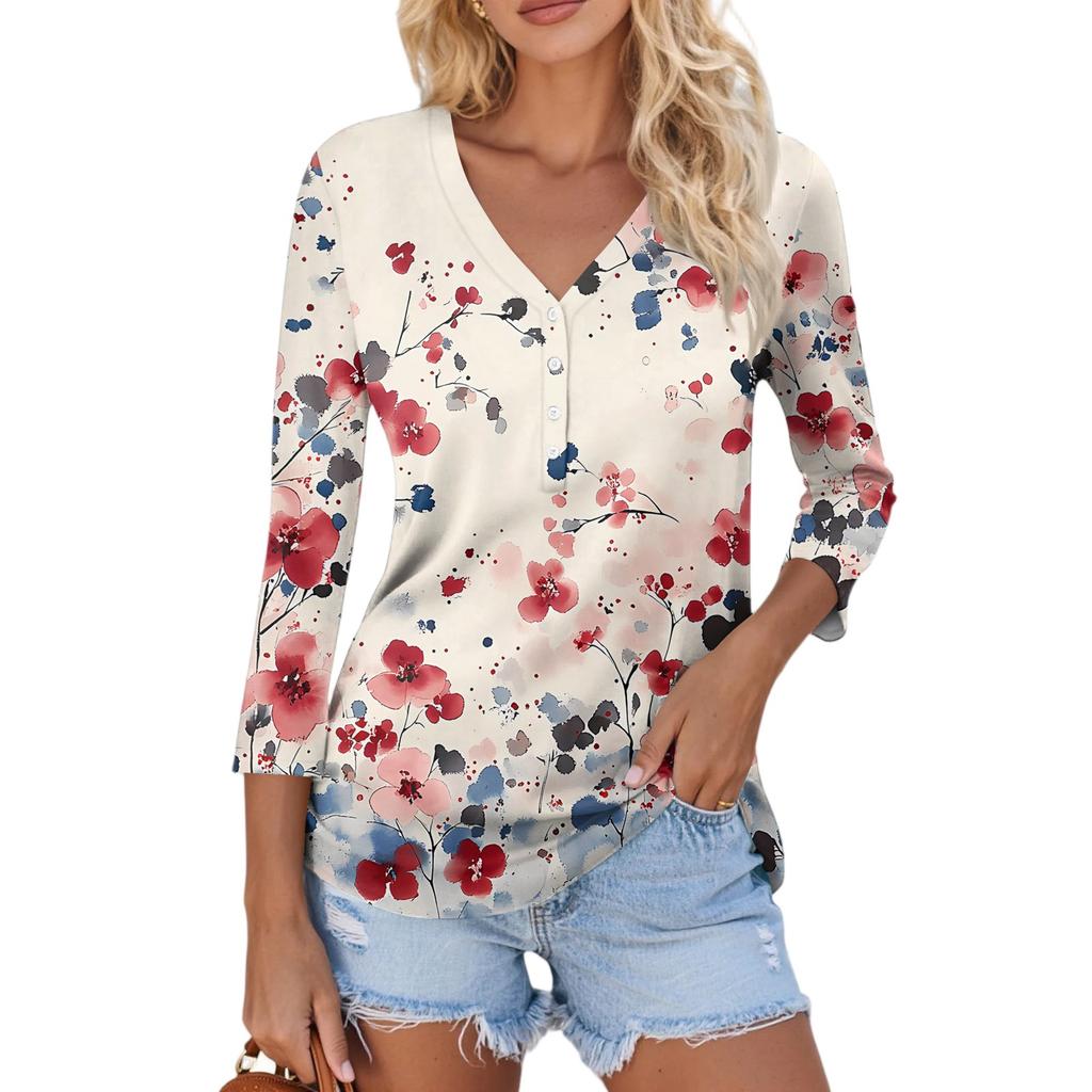 Women's Casual Fashion Sexy Comfortable V-Neck Button Floral Three-quarter Sleeve Top