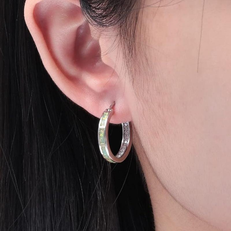 Opal inlaid earrings, women's cubic zirconia lined oval earrings, elegant minimalist jewelry gift