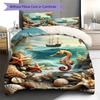 Seahorse Starfish Seashell Ocean Sailboat Print 3 Pieces Duvet Cover Set Sea Animal Bedding Bedroom Home Decor Without Pillow Core Comforter