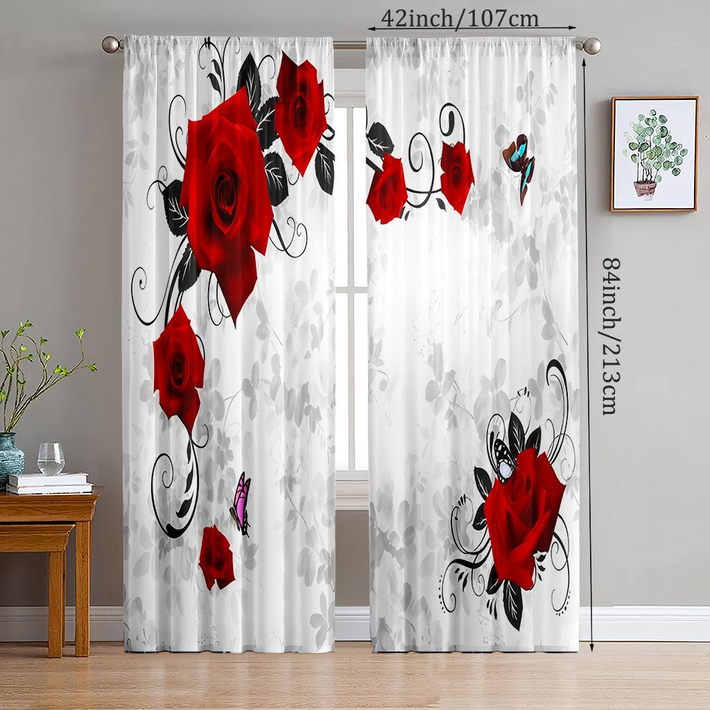 2 pieces - White base red rose polyester curtains, bathroom, bedroom, living room, and family room decorative curtains