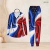 Women Plus Size V Neck Long Sleeve Scrub Set Patriotic Galaxy Star Planet Swirl Print Nurse Uniform Set