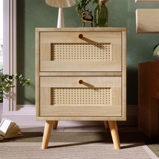 Modern Nightstand Side Table with 2 Drawers Rattan Front Oak Grain Solid Wood Legs Bedroom Small Spaces Bedside Table Natural Square Accent Table