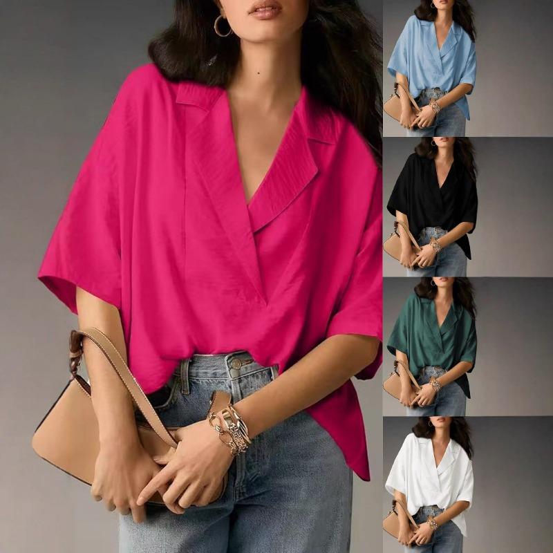 Loose Fit Short Sleeve Turn Down Collar Solid Color Casual Shirt With Pleats