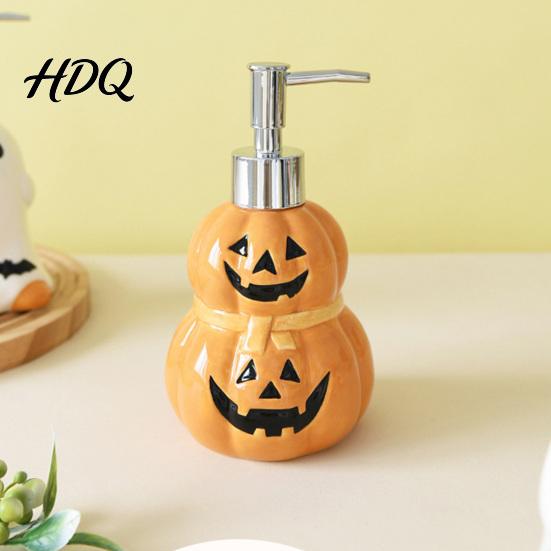 Countertop Soap Dispenser Halloween Ceramic Ghost Dispenser with Stainless Steel Pump Pumpkin Refillable Lotion Liquid Hand Container Empty Shower