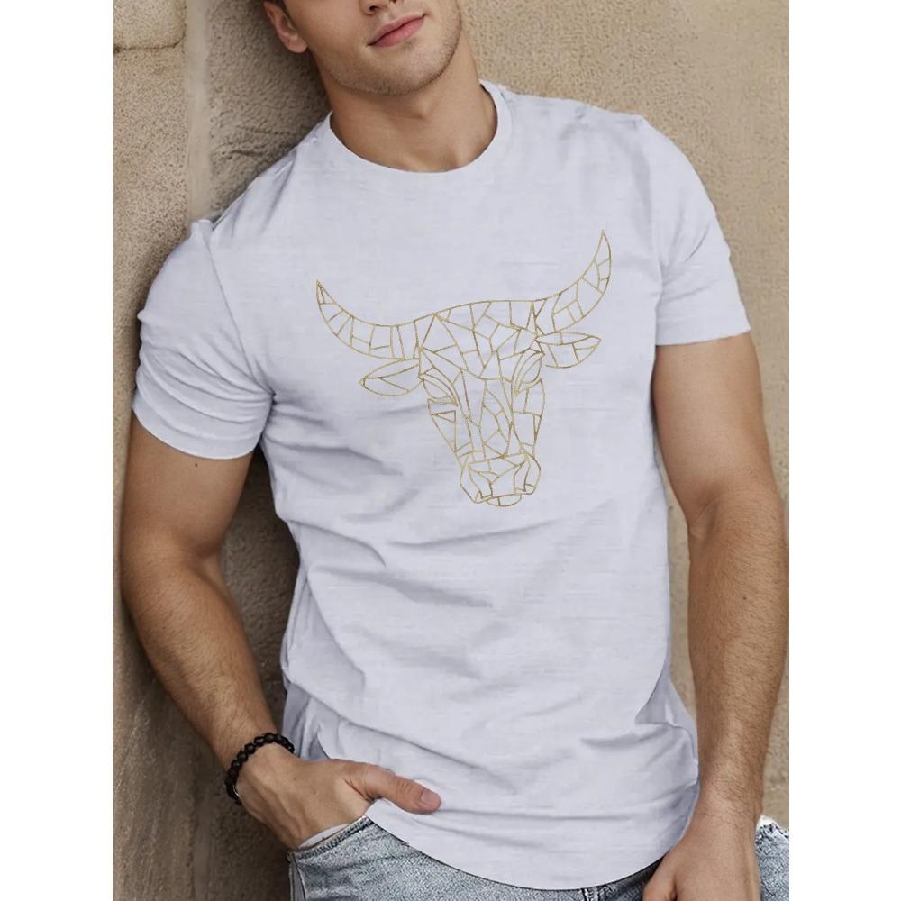 Europäische Größen Herren Freizeit-Rundhals-T-Shirt mit geometrischem Stierkopf-Design, Leichte Dehnung, Normale Passform, Sommer-Top