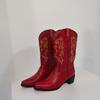 Fashion Pointed toe boots with embroidery, medium-heeled thick heels, large-size slip-on mid-calf western boots for women