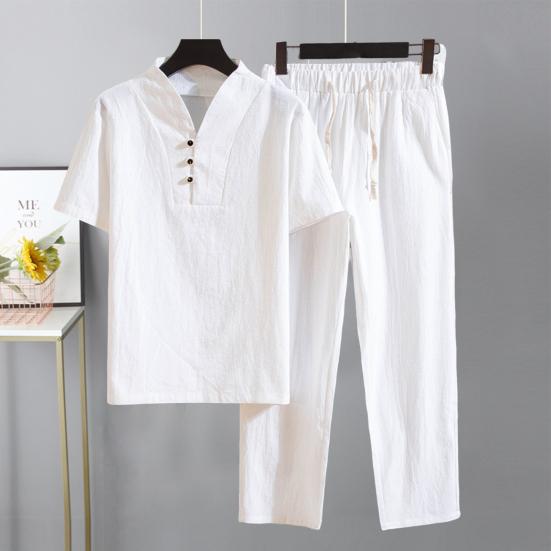 T-shirt Trousers Suit Trendy Pockets Buttons Men Summer Tracksuit Pure Color Shirt Pants Set Men Shirt Pants Set Men Clothes