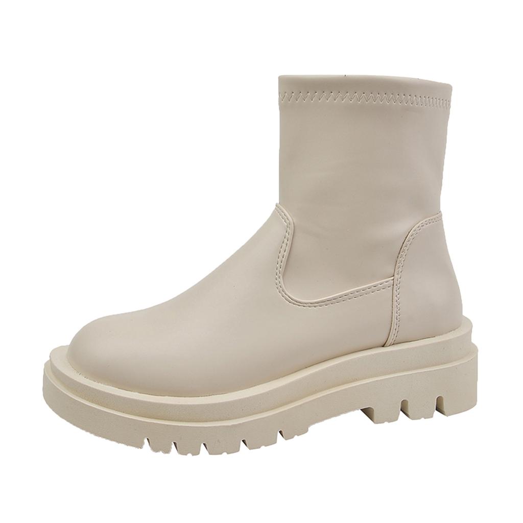 Fashion Women Artificial Leather Solid Color Thick Sole Flat Zipper Short Booties Round Toe Shoes Boots for Women