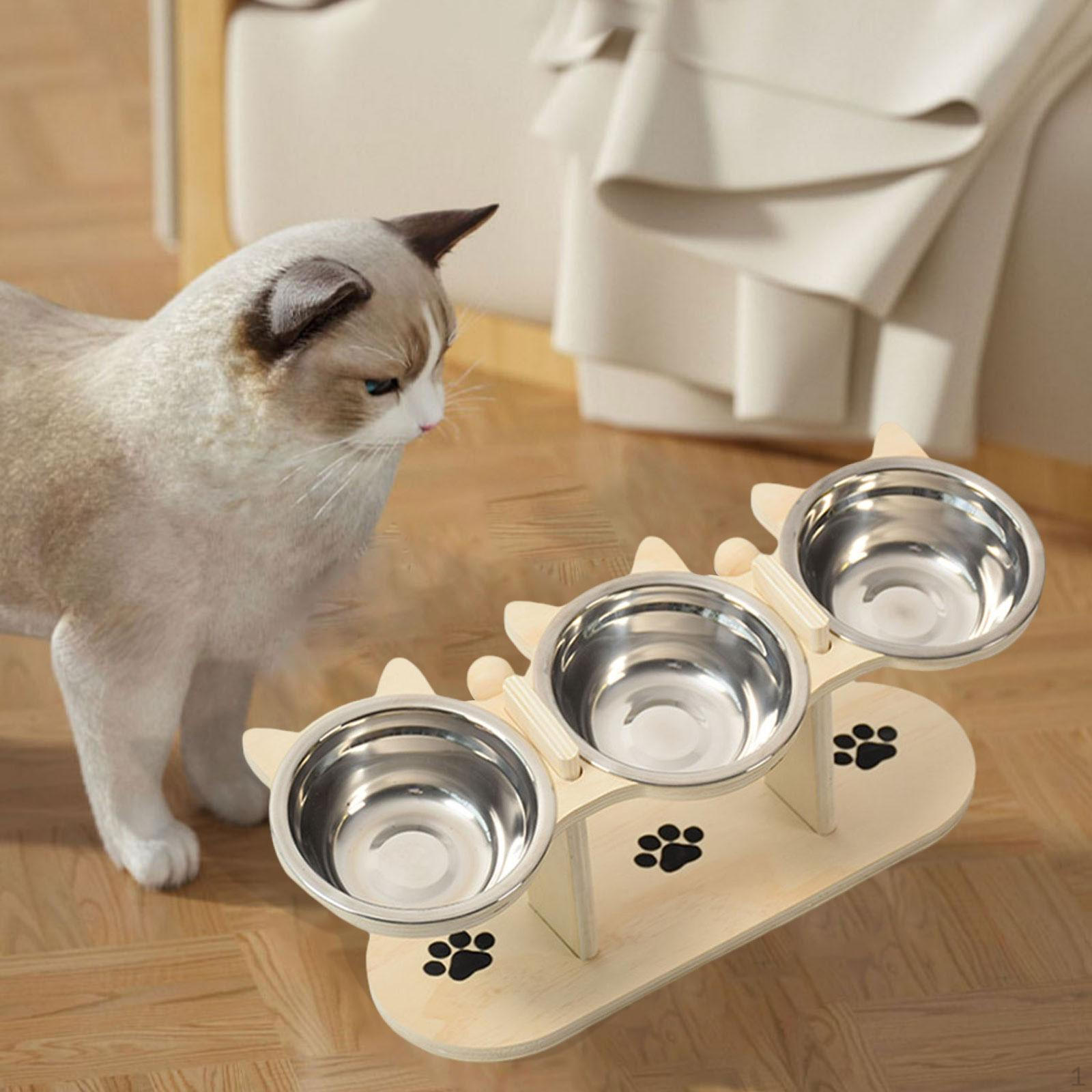 

Elevated Cat Bowls Feeding Station Portable Stable with 3 Stainless Steel Pet Dish for Wood