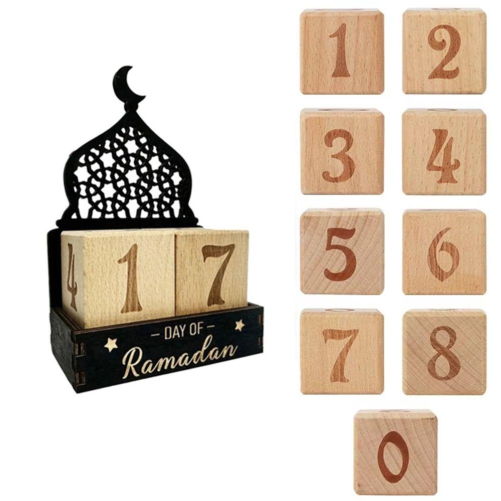 Wooden Eid Mubarak Calendar Blocks Moon Castle Adjustable Dates Ramadan Countdown Calendar Decorative Ramadan Advent Calendar