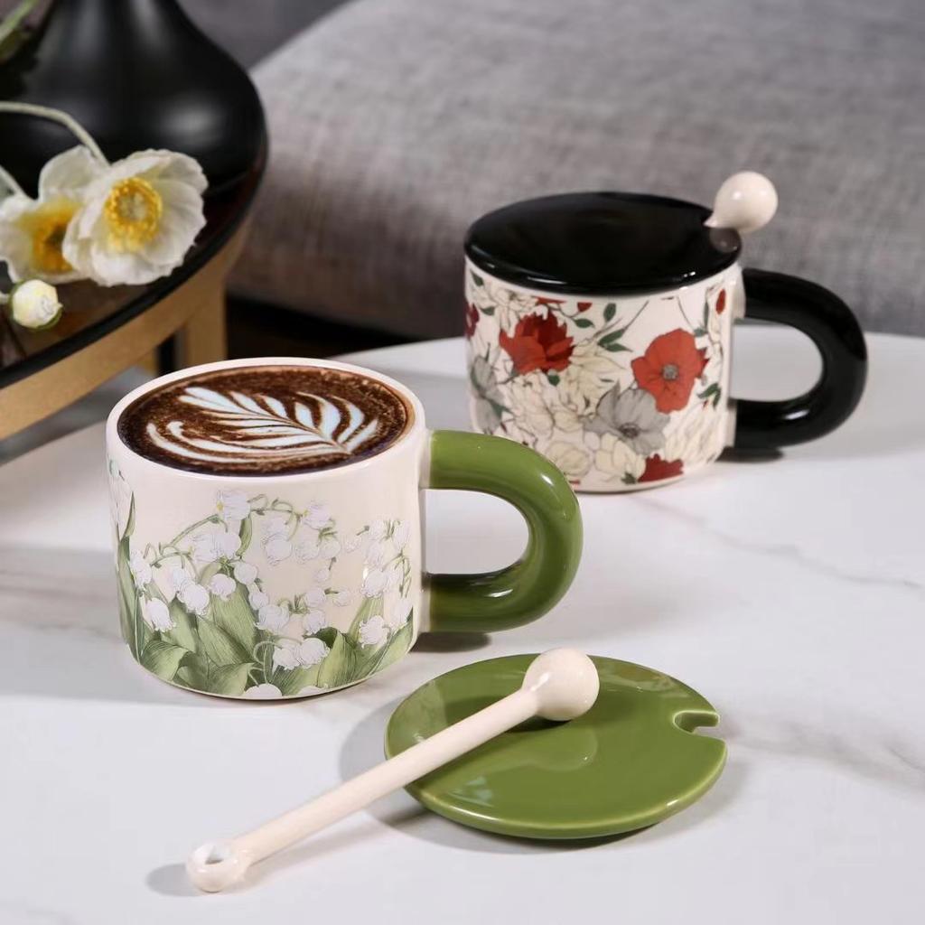 Light Luxury Flower Ceramic Cup With Lid Spoon High Value Household Drinking Cup Office Coffee Cup Teacup Mug
