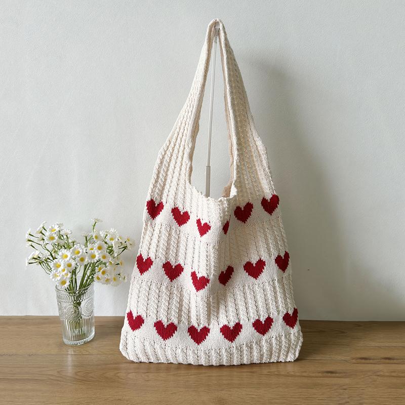 Knitted Love Pattern Tote Bag Stylish Woven Handbag Shoulder Bag for Women Party Work Travel Underarm Bag Outdoor
