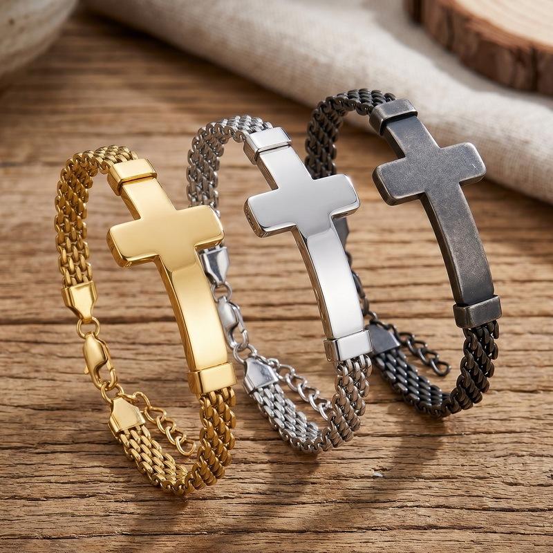 Personalized Stainless Steel Strap Bracelet Street Style Mesh Chain with Extended Chain Cross Bracelet Retro Men's Bracelet