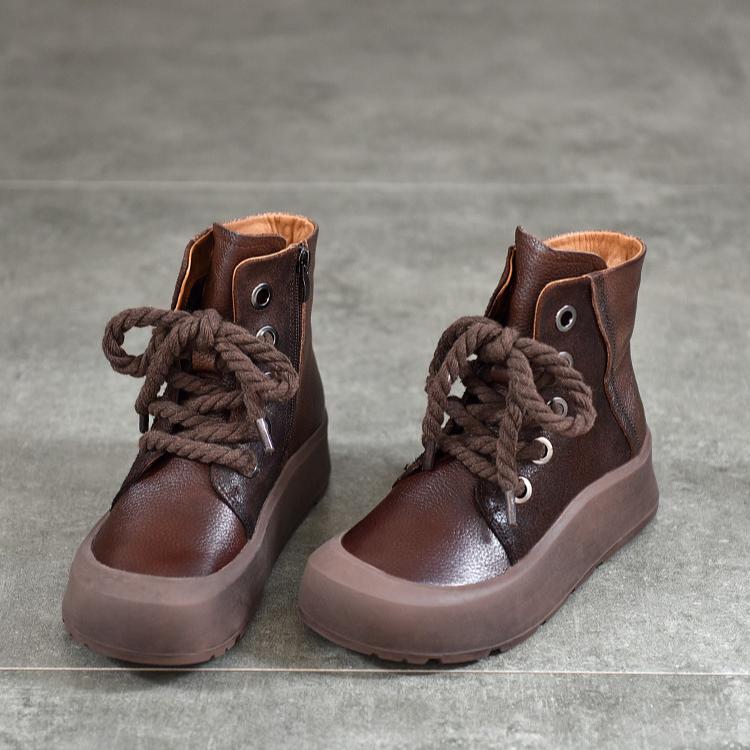 Johnature Retro Genuine Leather Short Boots Lace Up Thick Sole Plush Warm Cotton Boots Women's Shoes