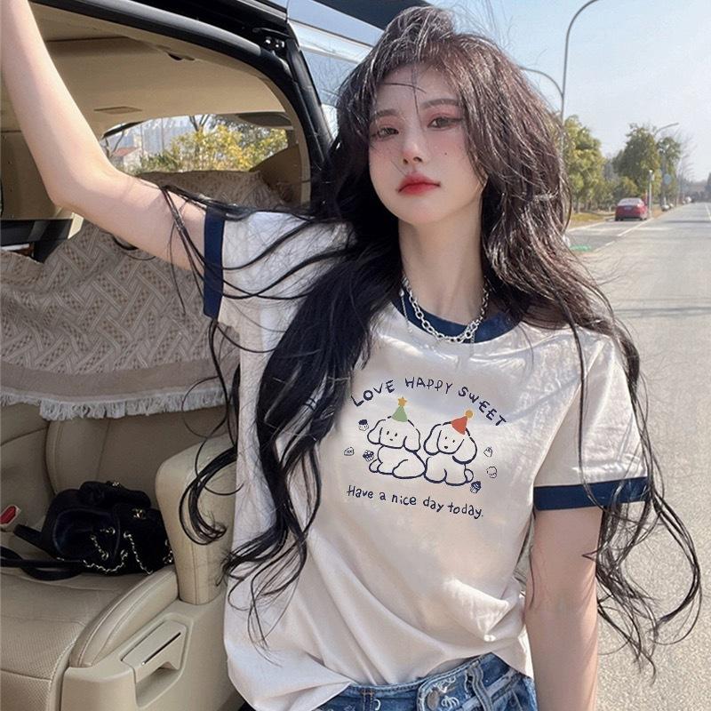 

2025 new summer design sense niche slim white contrasting color short-sleeved t-shirt women s round neck t-shirt top trendy ins XXL