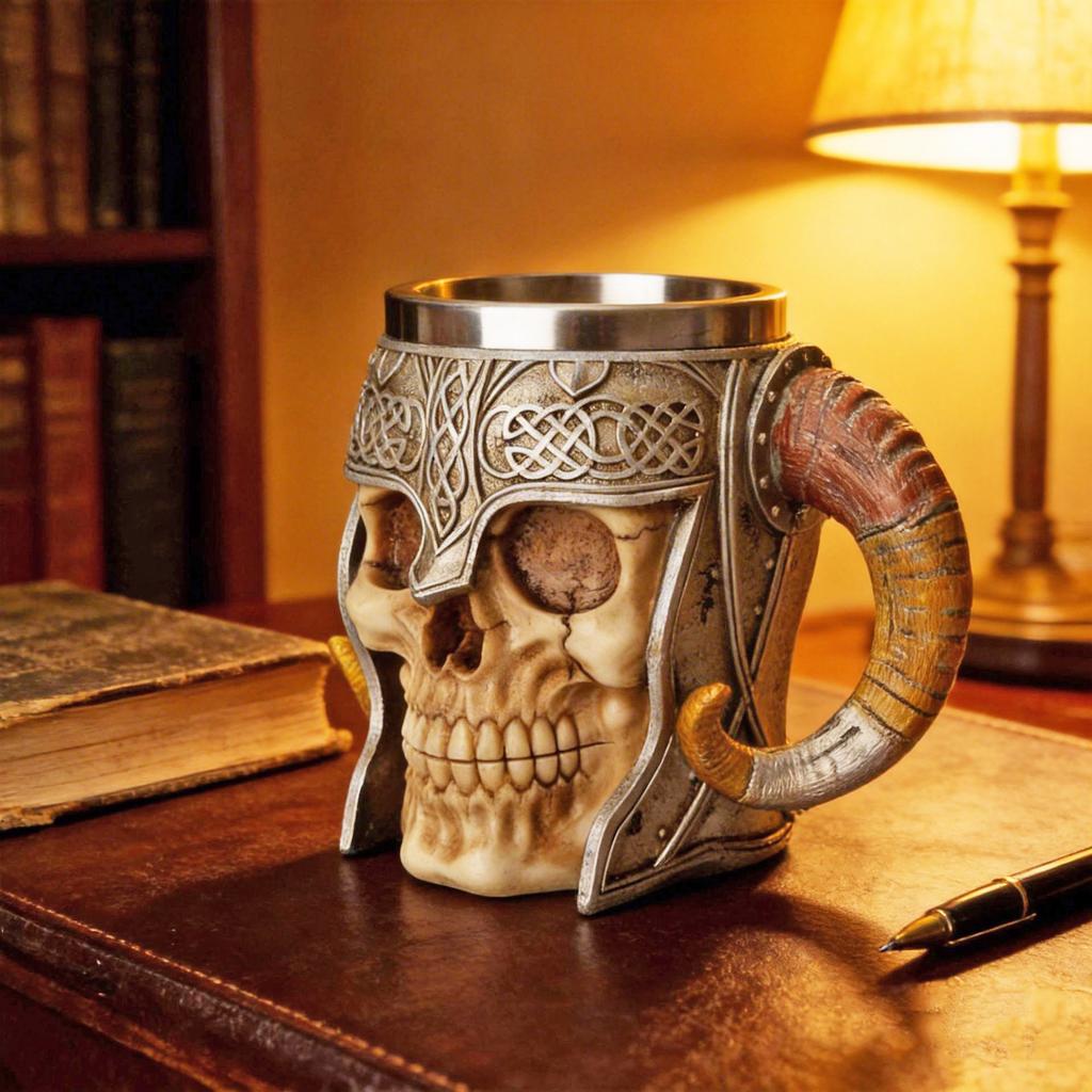 Vintage Skull Knight Croissant Cup Stainless Steel Liner Resin Mug Office Home Ornament