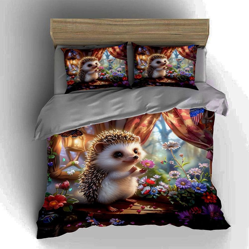 Hedgehog Floral Scene. Bedding Duvet Cover Sets Duvet Covers Pillowcases Gifts (1 * Duvet Cover 2 * Pillowcases, Without Duvet Insert)