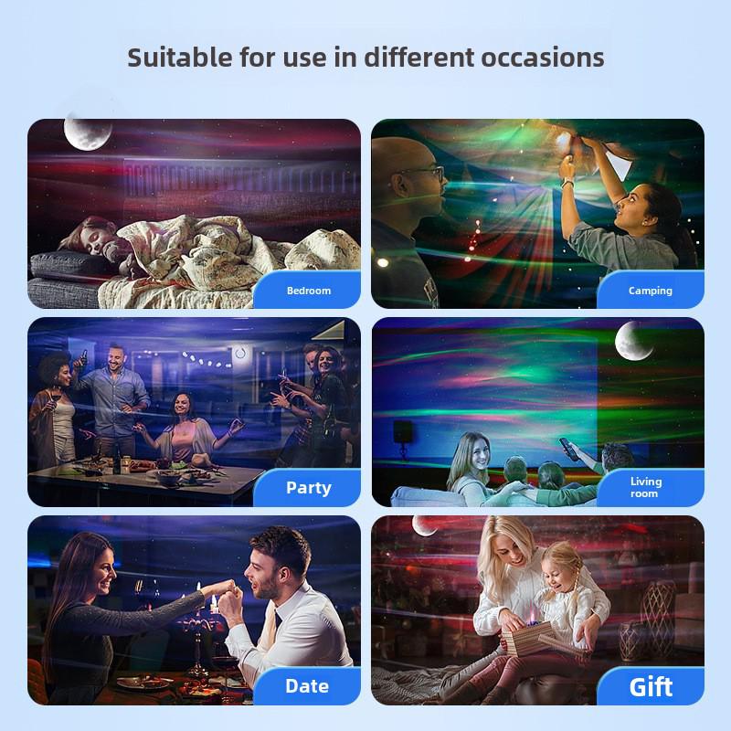 Northern Lights Bluetooth Starry Sky Projector: USB Rotating Lamp with Music and Remote Control for Indoor Atmosphere.