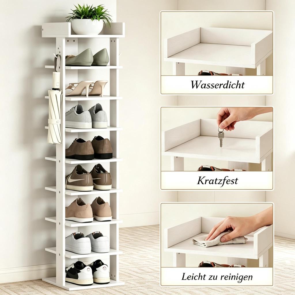 Shoe rack with 9 levels, storage for up to 9 pairs of shoes with top shelf and 2 hooks