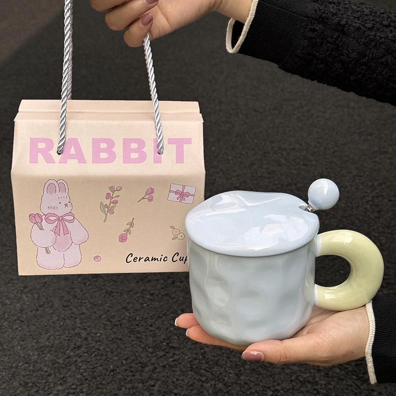Fufu Contrasting Color Mug with Lid Spoon Birthday Gift for Girls Best Friend Practical Water Cup Ceramic Souvenir