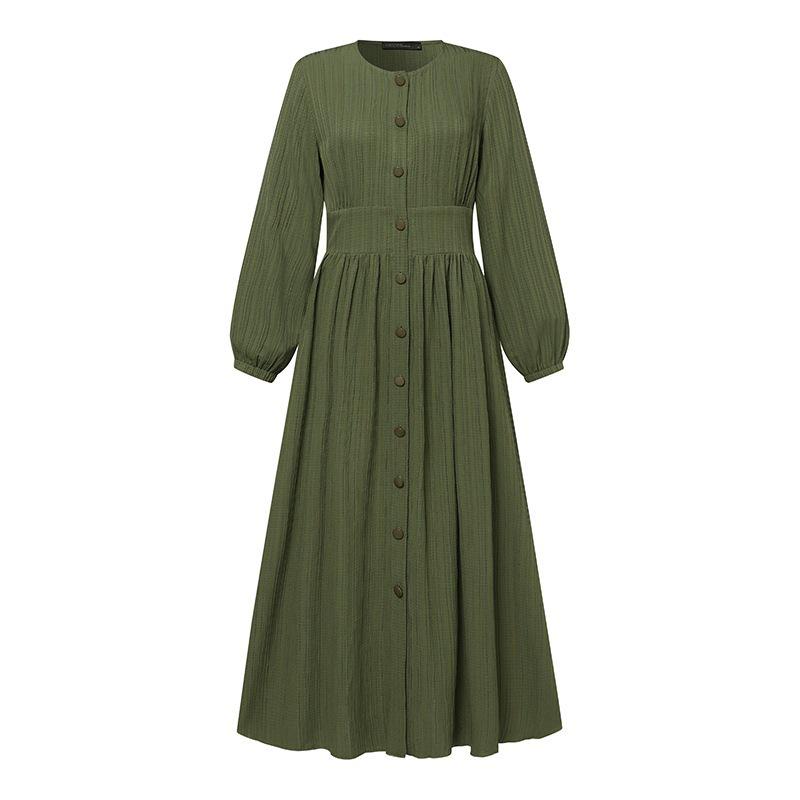 2024 Retro Puff Sleeve Dress: Elegant Solid Color Muslim Women's Clothing for Spring and Autumn