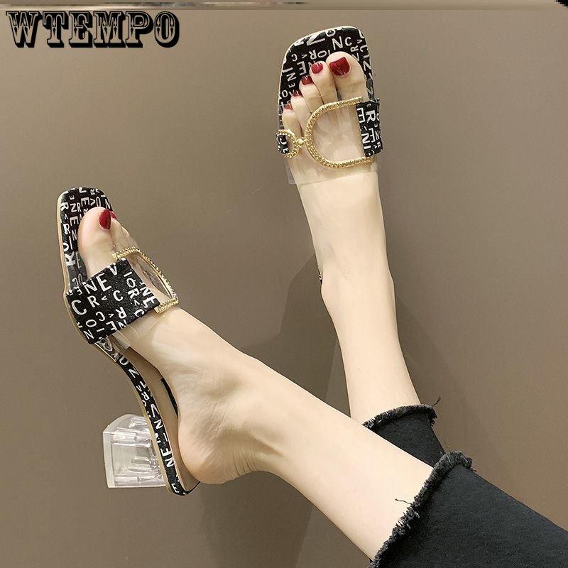 

Женские летние толстые тапочки с прозрачным хрусталем с босоножками на высоком каблуке