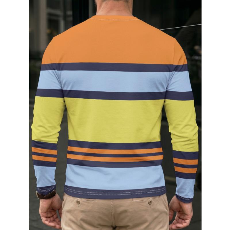Men's Long Sleeve T-Shirt Orange Yellow Blue Stripe Polyester Casual