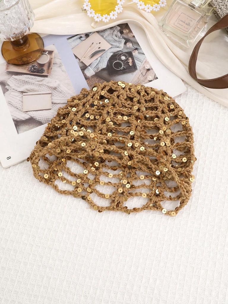 1pc Bohemian Style Solid Color Hollow Sequin Knit Beanie Hat