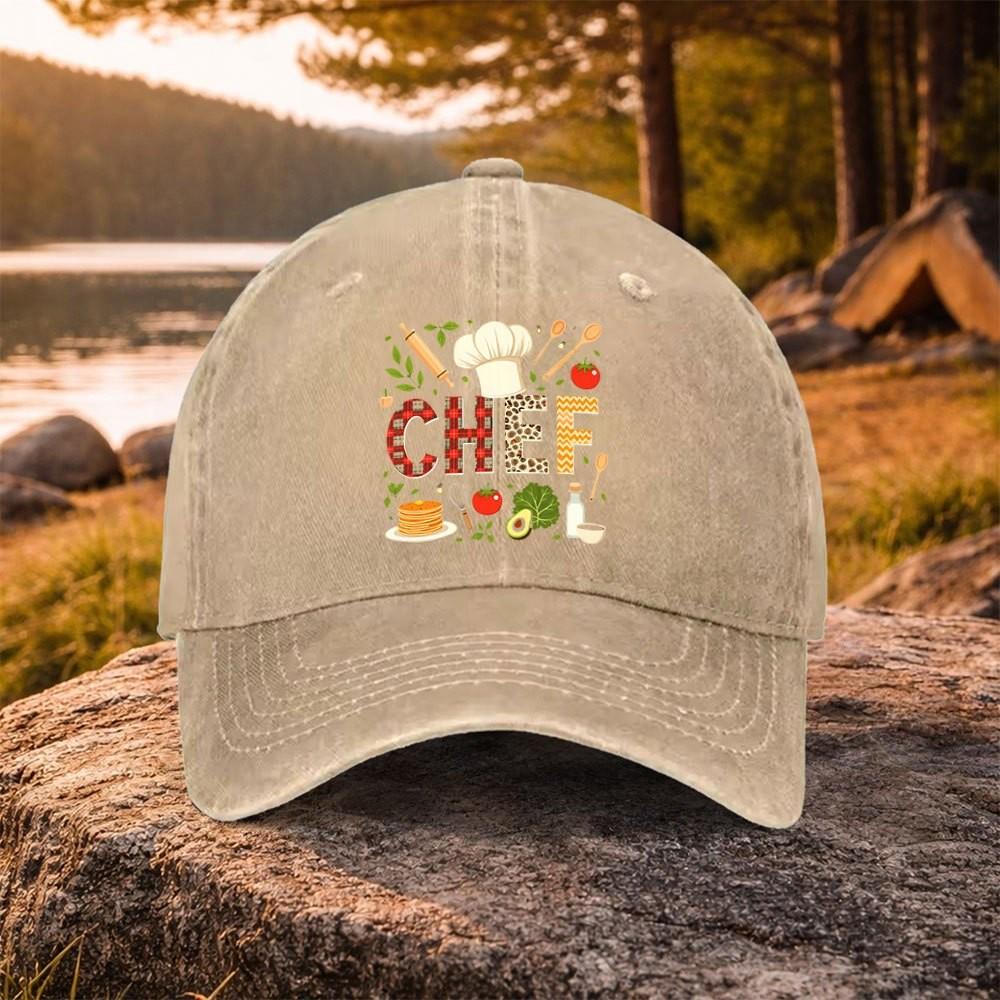 Chef Pattern Washed Baseball Cap Adjustable Cotton Outdoor Golf Sun Hat Unisex
