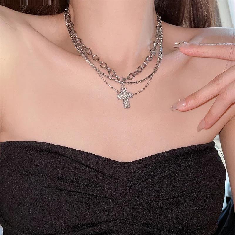 Zircon Cross Pendant Necklace Women Girl Sweet Cool Style Y2K Multi Layered Clavicle Chain Jewelry Birthday Party Accessories