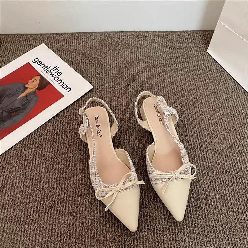 

Туфли-лодочки на низком каблуке с маленьким ароматом, обувь феи, весна 2025, новинка, французские остроносые с бантом, сандалии с закрытым носком 40
