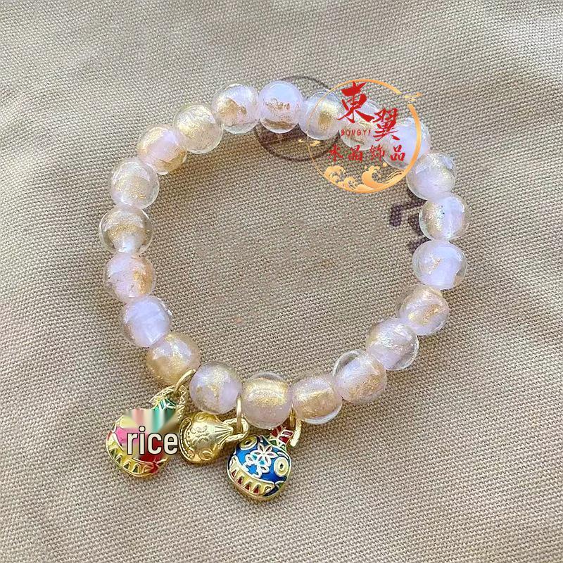 Pink Gold Foil Auspicious Temple Bracelet with Porcelain Glaze and Incense Ash Accents 8mm Round Beads [23 pieces]