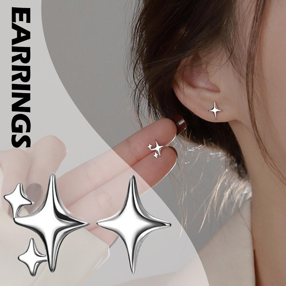 2PCS Silver Color Fashion Cross Star Zircon Stud Earrings for Women Elegant Y2K Girl Simple Earrings Cute Jewelry New Year Gifts