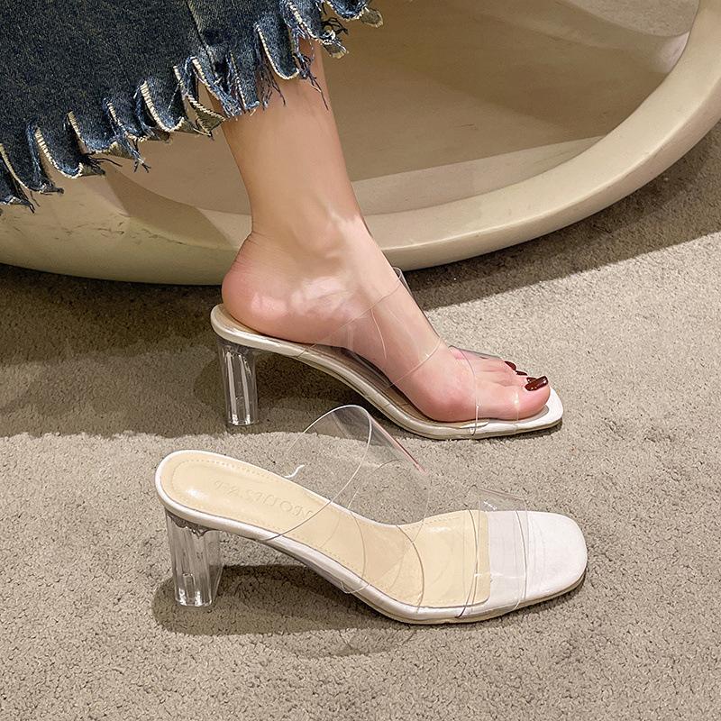 Transparent beautiful high heels slippers women's summer wear crystal thick heel sandals half drag temperament socialite sandals