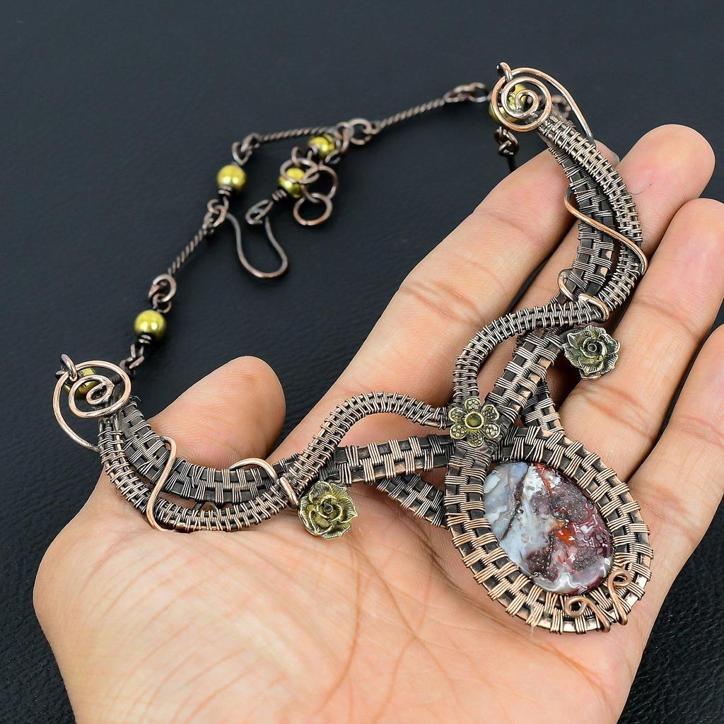 Crazy Lace Agate Handmade Gemstone Necklace, 999 Copper Wire Wrapped Necklace Antique Jewelry, For Engagement Gift