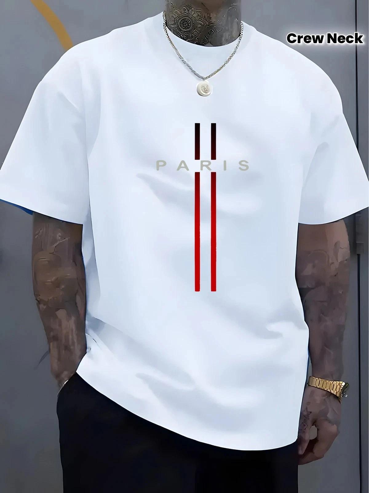Paris Stripe Graphic T-Shirt Men s Crew Neck Casual Streetwear Tee Top S