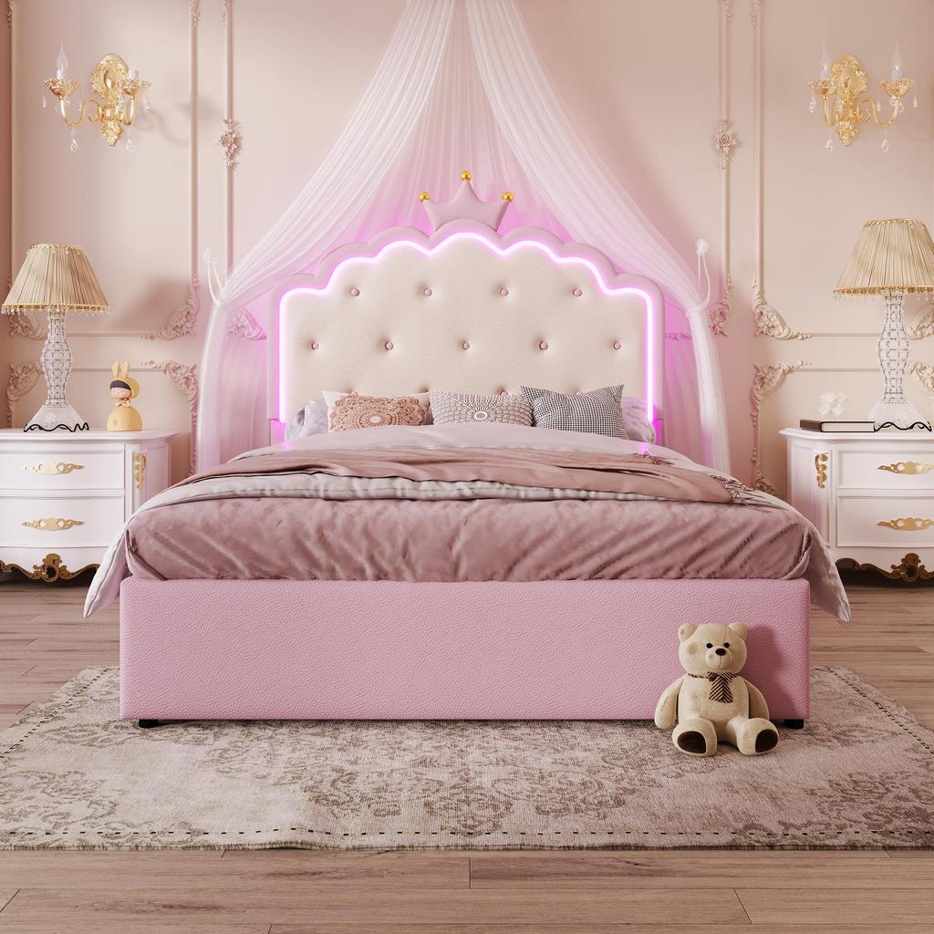 Barnsäng Flieks, Vadderad säng 140x200 cm för flickor Kron-dubbelsäng med LED-remsor, Hydrauliskt förvaringsutrymme, Utskjutbar säng och 2 lådor, Rosa