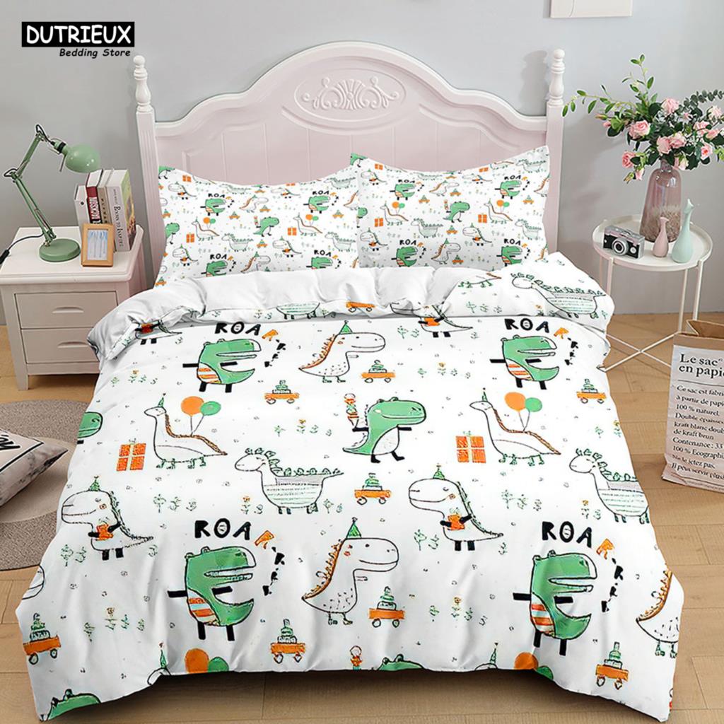 Cartoon Dinosaur Bedding Set White Soft Duvet Cover Animals Kids Boys Single Double Twin Queen King Size Duvet Cover Set