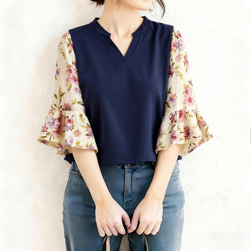 ZANZEA Women Floral Print Splice 3/4 Sleeve Casual V-Neck Blouse
