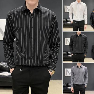 Men Dress Shirt Stripe Print Single-breasted Turn-down Collar Long Sleeves Formal Business Style Office Shirt Mid Length Dating Top