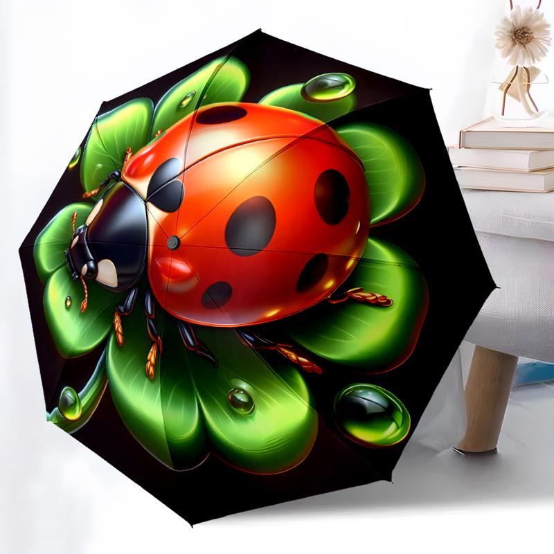 1pz Robusto Ombrello Automatico a 8 Stecche, Ombrello Coccinelle e Foglie, Stampato Digitalmente, Ombrello Pieghevole per Uso Esterno in Movimento