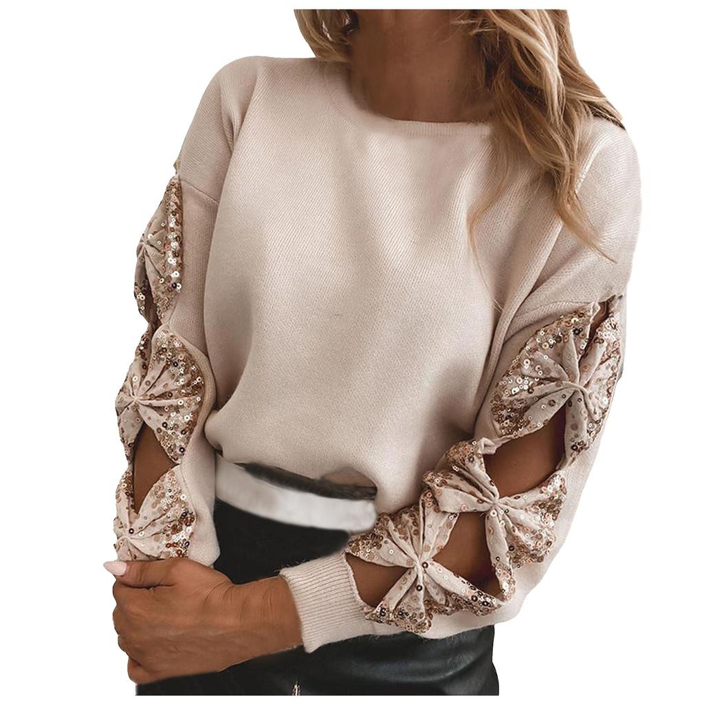 Fashion Women'S Sequins Knit Hollow Out Pullovers Loose O-Neck Long Sleeve Female Sweaters 2025 Spring Lady Shinny Chic Shirts