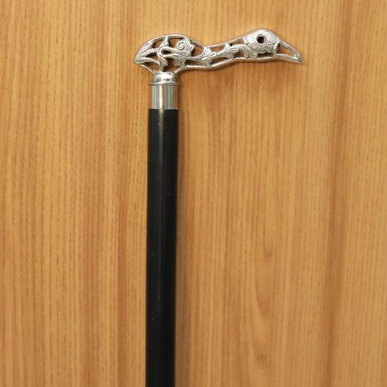 Bird Handle Walking Stick Silver Tone Carved Cane with Black Wooden Shaft Handmade Walking Cane Gift for Men, Collectors