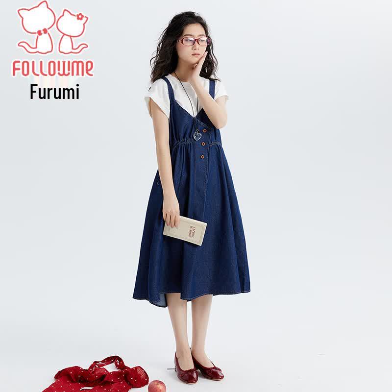 Fulomi Girls' Summer Denim Overalls Skirt Two-Piece Set