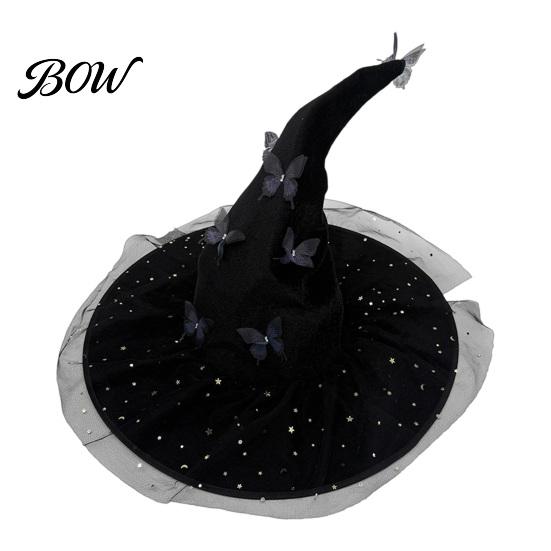 Ruffled Witch Hat for Parties Halloween Women, Large Glitter Sequins Mesh Wizard DIY Matching Tulle with Butterfly Costume Accessory, Cosplay