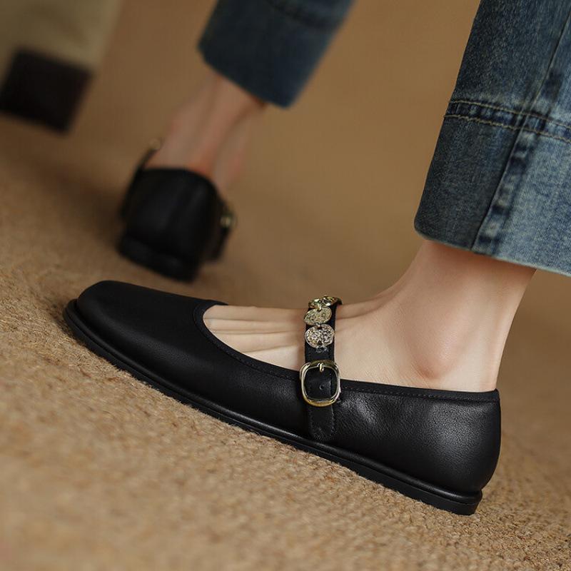 New Women's Casual Single Shoes Low-top Cowhide Single Shoes Shallow Mouth Beef Tendon Soft Sole Large Size Shoes Four Seasons Wear Sheepskin Wome