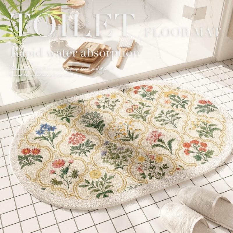 Floor Mat Bathroom Absorbent Mat American Floral Toilet Floor Mat Stain-resistant Door Mat Cashmere Mat